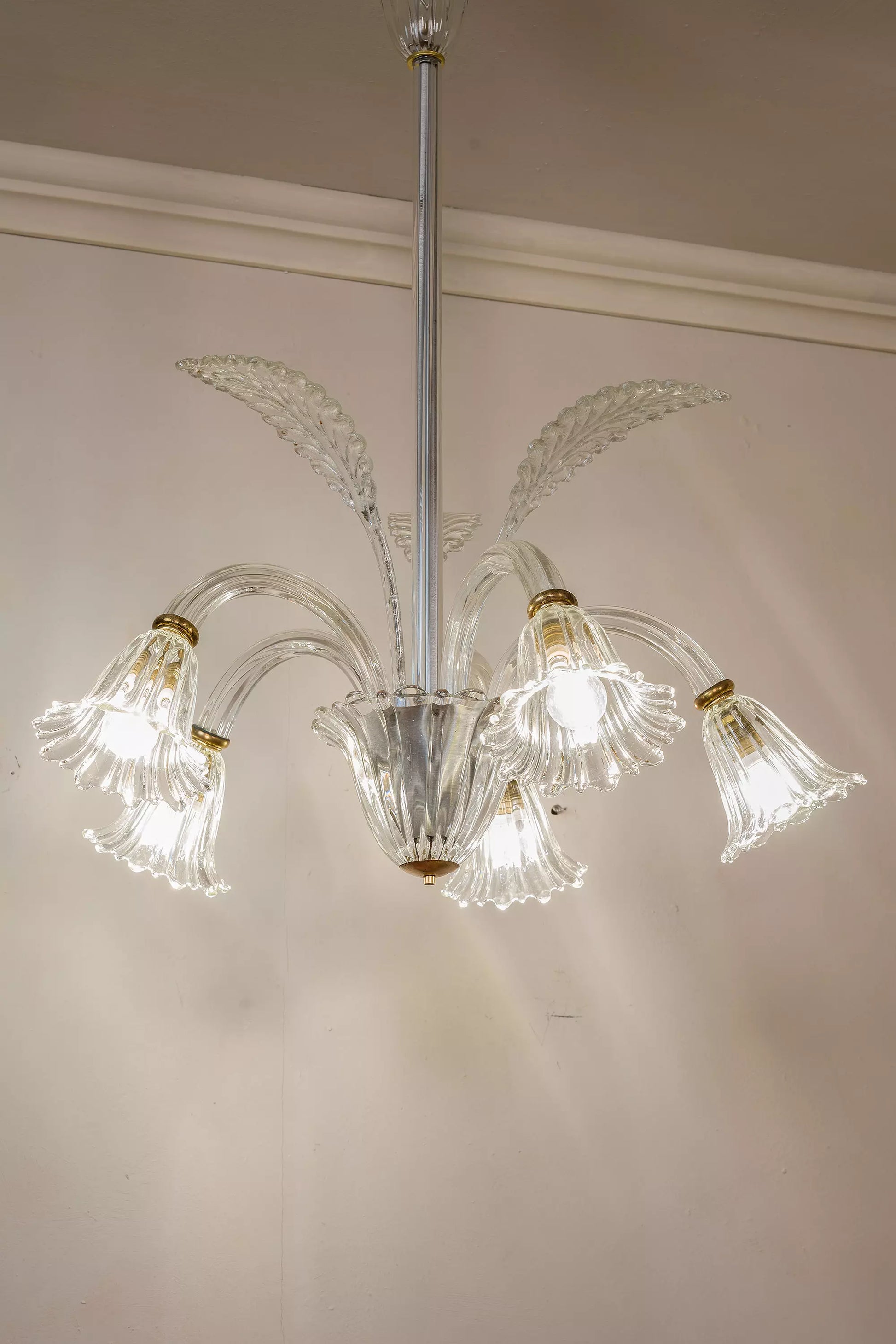 Lampadario Vintage anni '40 in vetro soffiato di Murano a 5 luci. | Lo Stile Italiano