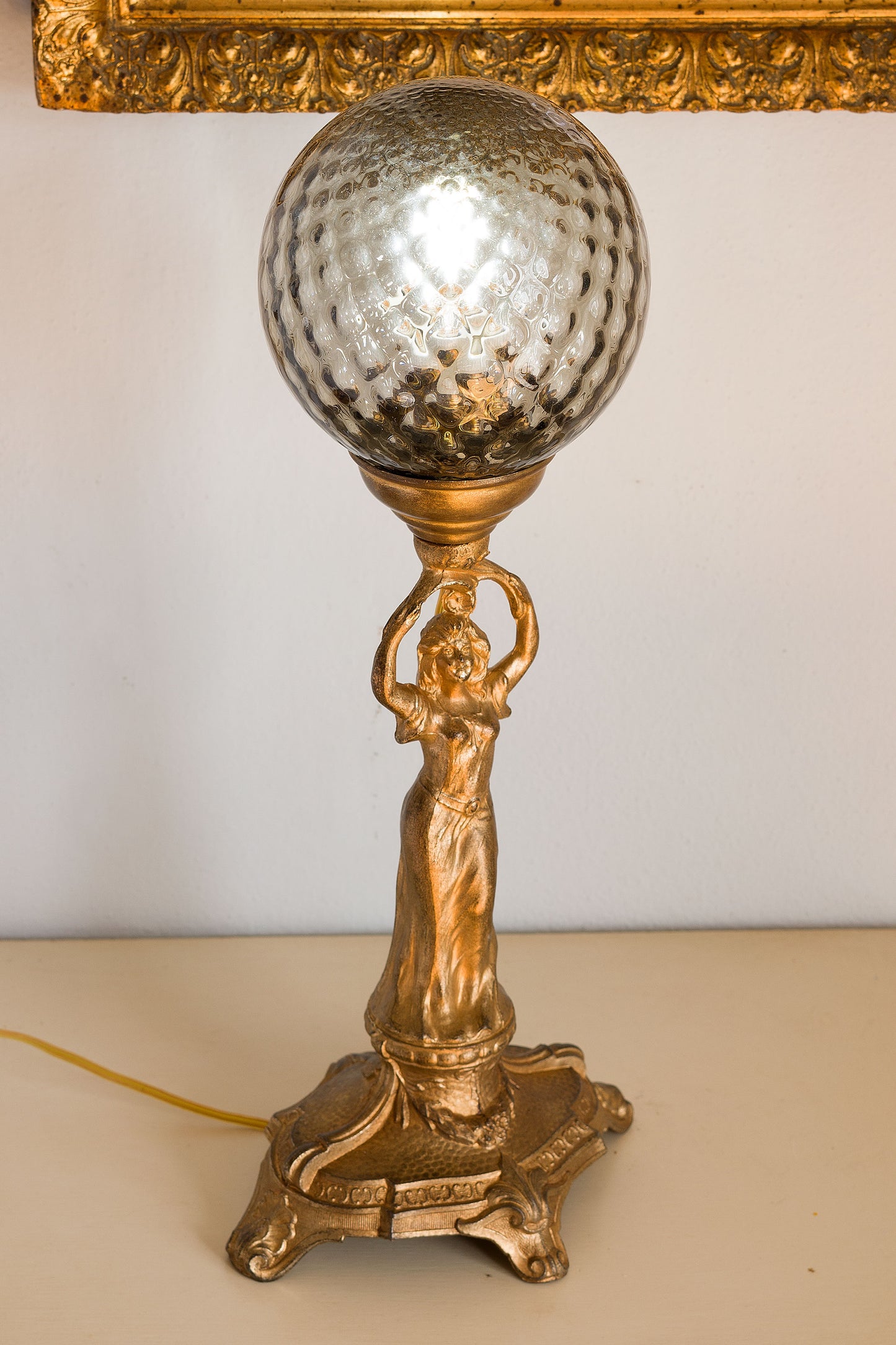 Art Nouveau Crystal Glass and Brass Table Lamp with Putte, 1950s